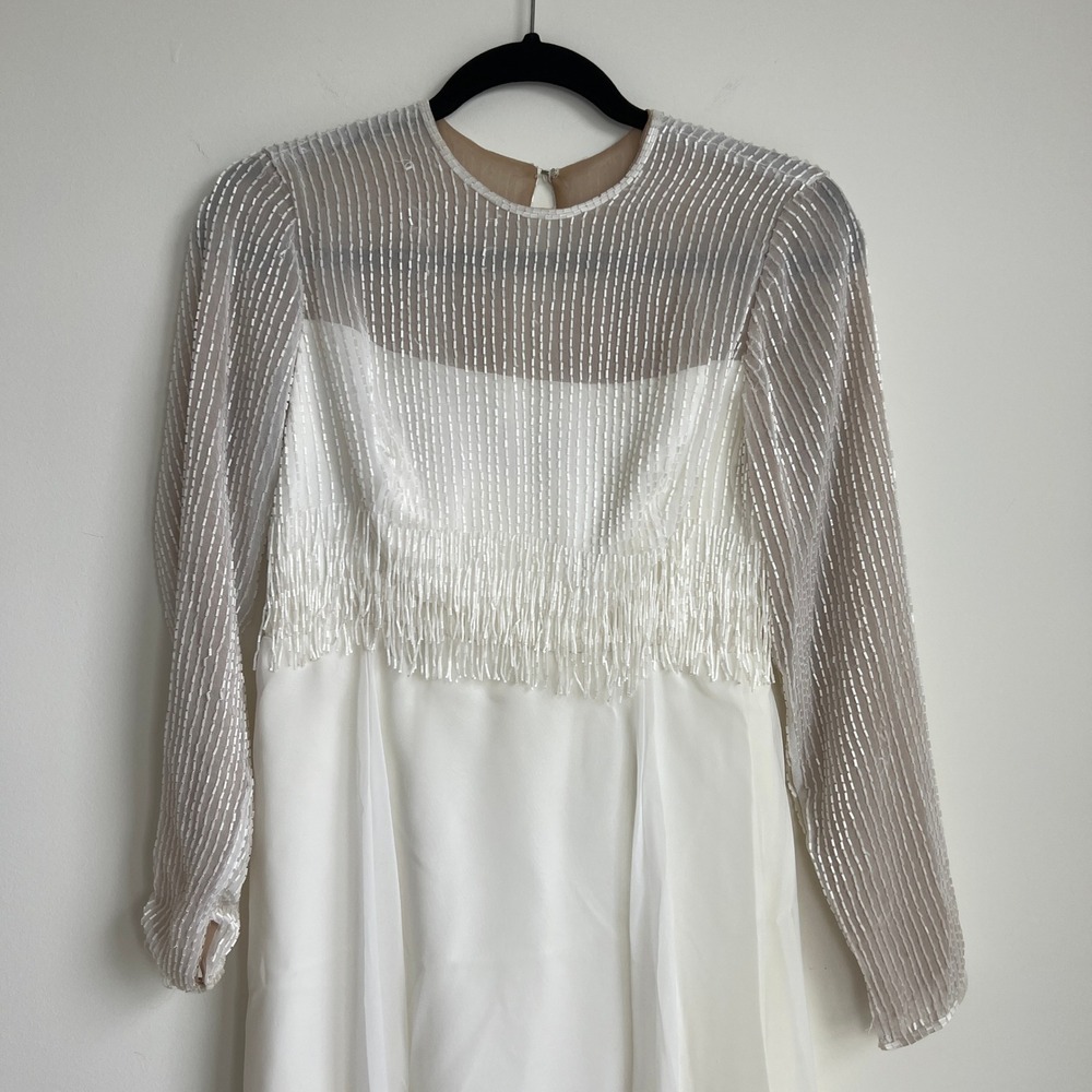 Vintage Jack Bryan Fringe‎ Beaded Long sleeve Ivory Party Wedding Formal Gown - Picture 3 of 13